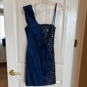 Betsy & Adam Blue Asymmetrical Sequin Cocktail Dress